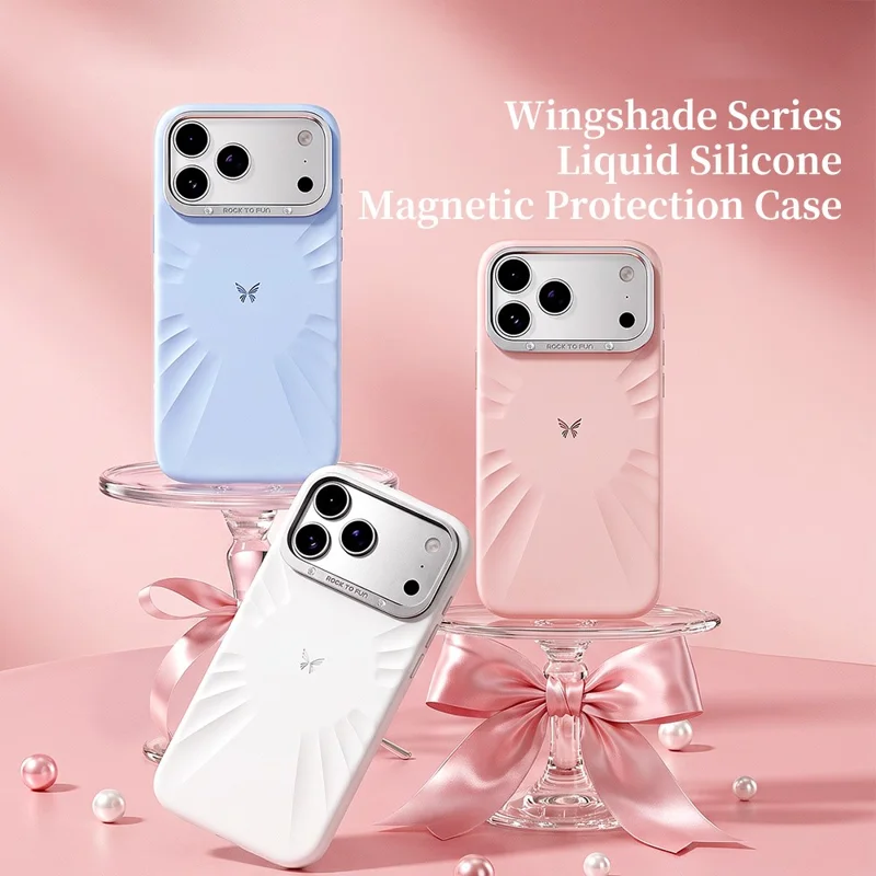 ROCK for iPhone 18 Pro Max / 17 Pro Max Magnetic Case Butterfly Pattern Liquid Silicone + PC Phone Cover with AI Button - Blue
