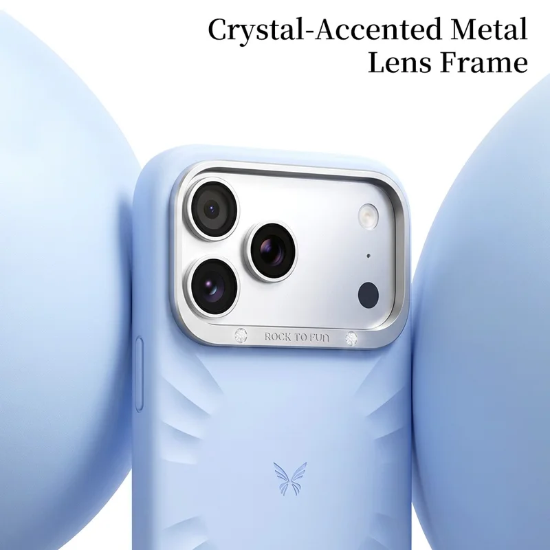 ROCK for iPhone 18 Pro Max / 17 Pro Max Magnetic Case Butterfly Pattern Liquid Silicone + PC Phone Cover with AI Button - Blue