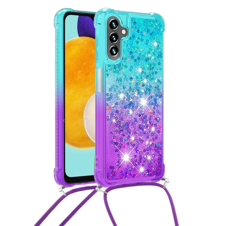 YB Quicksand Series-6 para Samsung Galaxy A54 5G Gradient Color Collision Proof TPU Phone Case Flowing Liquid Quicksand Back Cover com Cordão - Azul Céu / Roxo