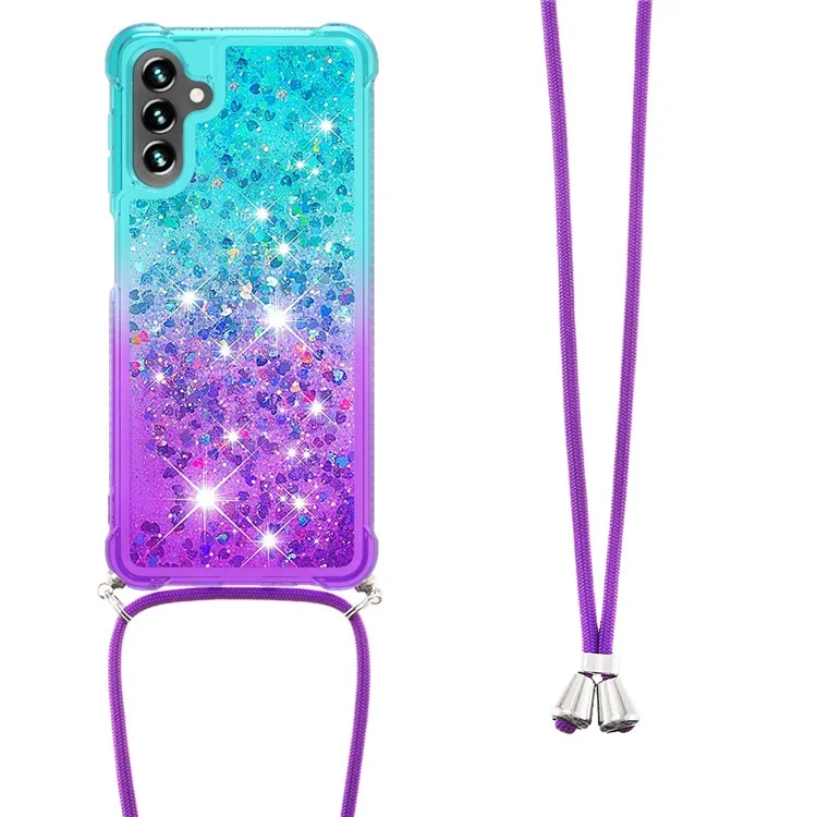 YB Quicksand Series-6 para Samsung Galaxy A54 5G Gradient Color Collision Proof TPU Phone Case Flowing Liquid Quicksand Back Cover com Cordão - Azul Céu / Roxo