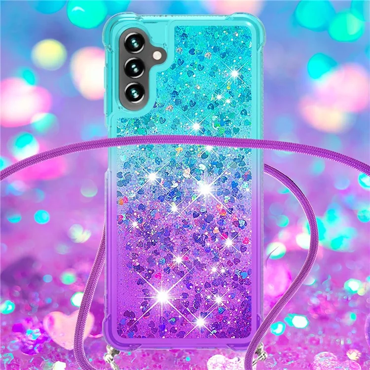 YB Quicksand Series-6 para Samsung Galaxy A54 5G Gradient Color Collision Proof TPU Phone Case Flowing Liquid Quicksand Back Cover com Cordão - Azul Céu / Roxo
