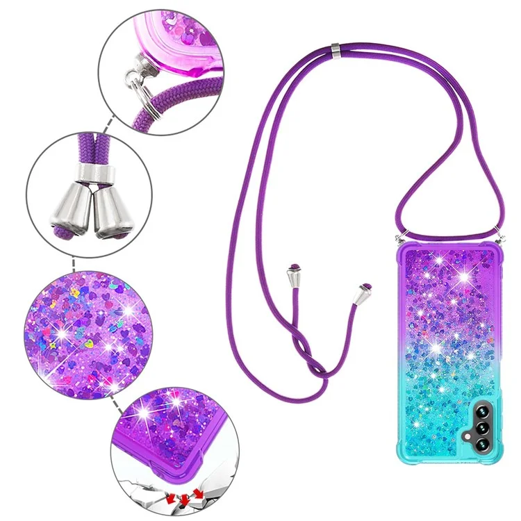YB Quicksand Series-6 para Samsung Galaxy A54 5G Gradient Color Collision Proof TPU Phone Case Flowing Liquid Quicksand Back Cover com Cordão - Azul Céu / Roxo