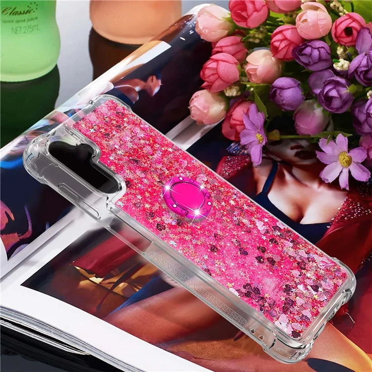 Per Samsung Galaxy A54 5G Phone Case YB Quicksand Series-7 Back Cover Liquid Quicksand TPU Phone Case with Ring Kickstand - Pink / Hearts