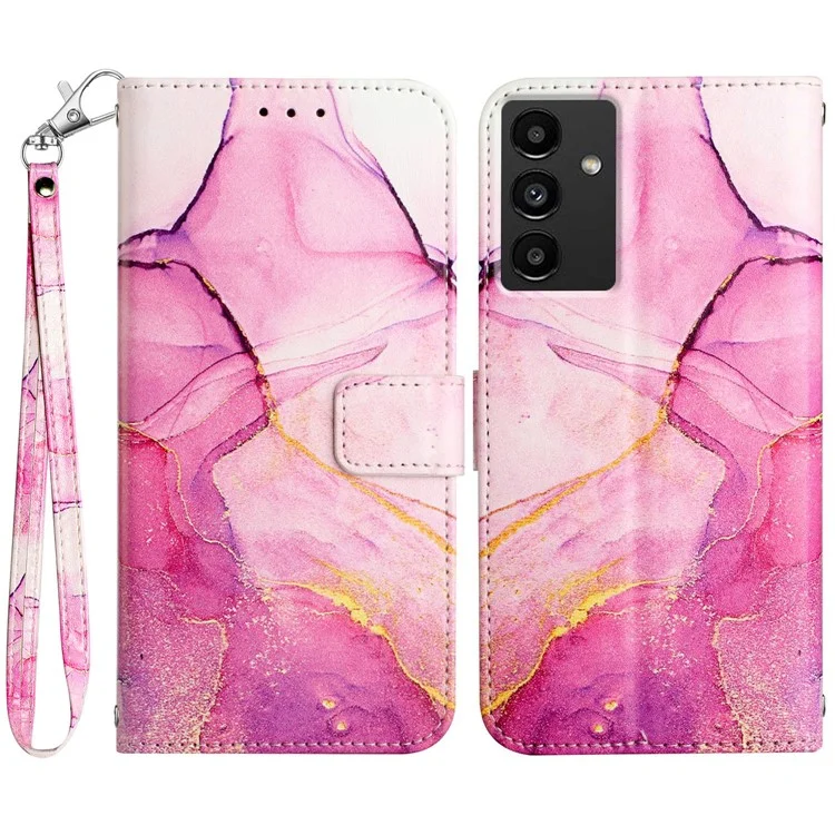 For Samsung Galaxy A54 5G Case with Strap Marble Pattern Leather Phone Cover Card Holder - Pink  /  Purple  /  Gold 001
