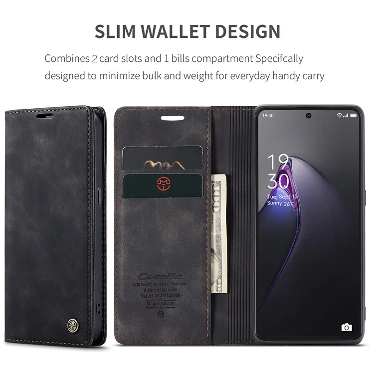 Caseme 013-serie Für Oppo Reno8 Pro 5G (globale Version) PU Leder-drop-proof-hülle Magnetische Automatisch-absorbierte Flip-ständer Brieftasche - Schwarz