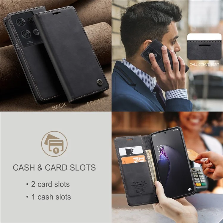 Caseme 013-serie Für Oppo Reno8 Pro 5G (globale Version) PU Leder-drop-proof-hülle Magnetische Automatisch-absorbierte Flip-ständer Brieftasche - Schwarz