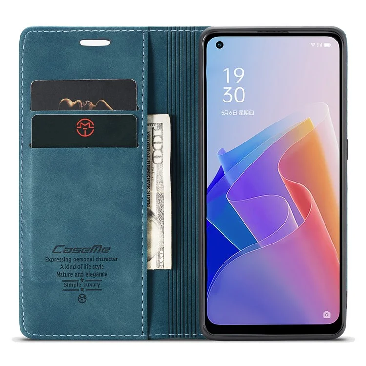 Série Caseme 013 Pour Oppo A96 5G / Reno7 Z 5G (version Globale) // Reno7 Lite 5G (version Globale) / Reno8 Lite 5G (version Globale) / F21 Pro 5G (version Globale) Couverture du Support de Boîtier du Portefeuille en Cuir - Bleu