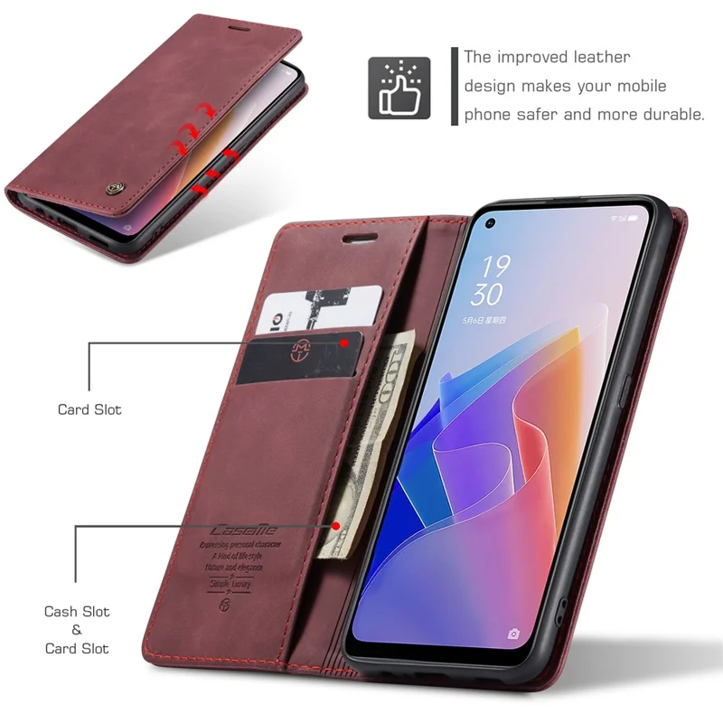 CASEME 013 Series for Oppo A96 5G / Reno7 Z 5G (Global Version)//Reno7 Lite 5G (Global Version) / Reno8 Lite 5G (Global Version) / F21 Pro 5G (Global Version) / Reno8 Z 5G (Global Version) Leather Wallet Phone Stand Case - Red