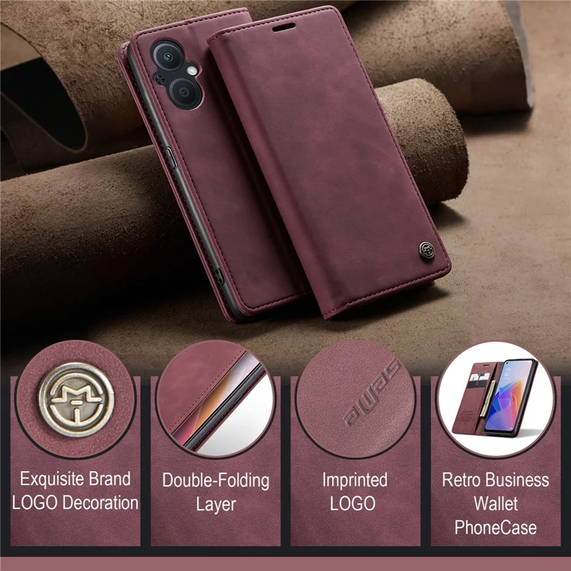 CASEME 013 Series for Oppo A96 5G / Reno7 Z 5G (Global Version)//Reno7 Lite 5G (Global Version) / Reno8 Lite 5G (Global Version) / F21 Pro 5G (Global Version) / Reno8 Z 5G (Global Version) Leather Wallet Phone Stand Case - Red
