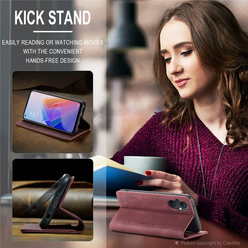 CASEME 013 Series for Oppo A96 5G / Reno7 Z 5G (Global Version)//Reno7 Lite 5G (Global Version) / Reno8 Lite 5G (Global Version) / F21 Pro 5G (Global Version) / Reno8 Z 5G (Global Version) Leather Wallet Phone Stand Case - Red