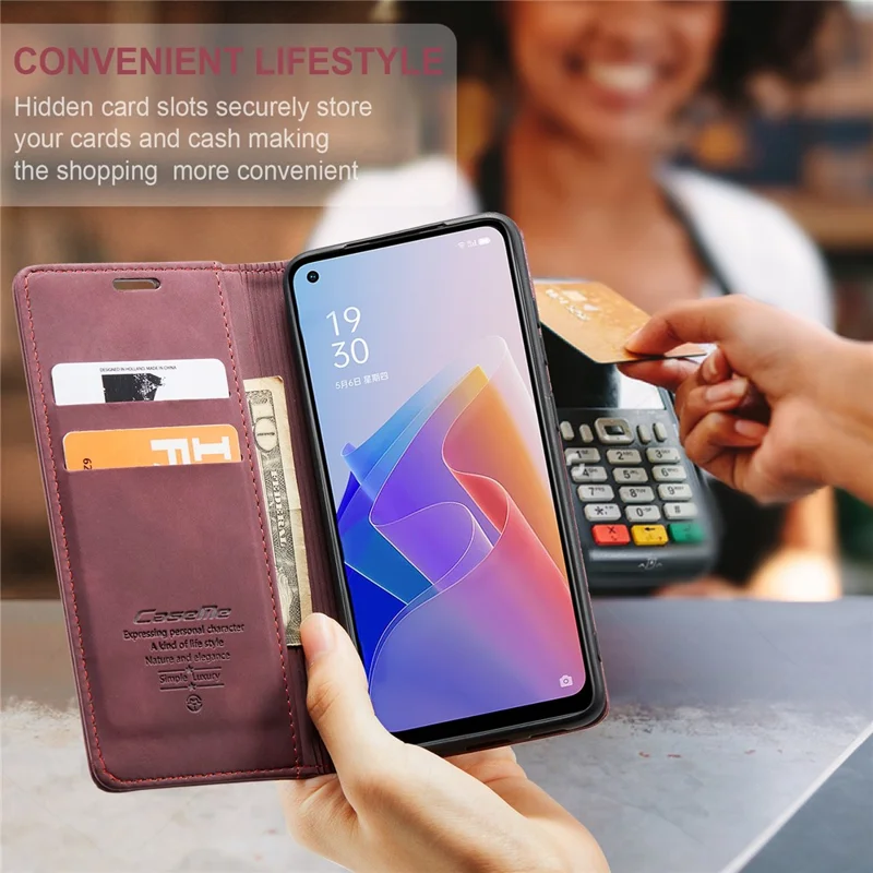 CASEME 013 Series for Oppo A96 5G / Reno7 Z 5G (Global Version)//Reno7 Lite 5G (Global Version) / Reno8 Lite 5G (Global Version) / F21 Pro 5G (Global Version) / Reno8 Z 5G (Global Version) Leather Wallet Phone Stand Case - Red