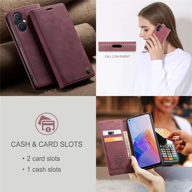 CASEME 013 Series for Oppo A96 5G / Reno7 Z 5G (Global Version)//Reno7 Lite 5G (Global Version) / Reno8 Lite 5G (Global Version) / F21 Pro 5G (Global Version) / Reno8 Z 5G (Global Version) Leather Wallet Phone Stand Case - Red