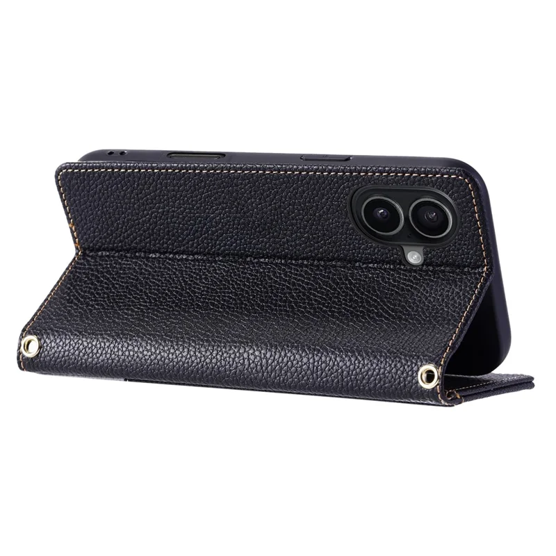 For iPhone 18 / 17 Leather Case with Wrist Strap and Shoulder Strap Dual Color Multi Card Slots Phone Cover - Black