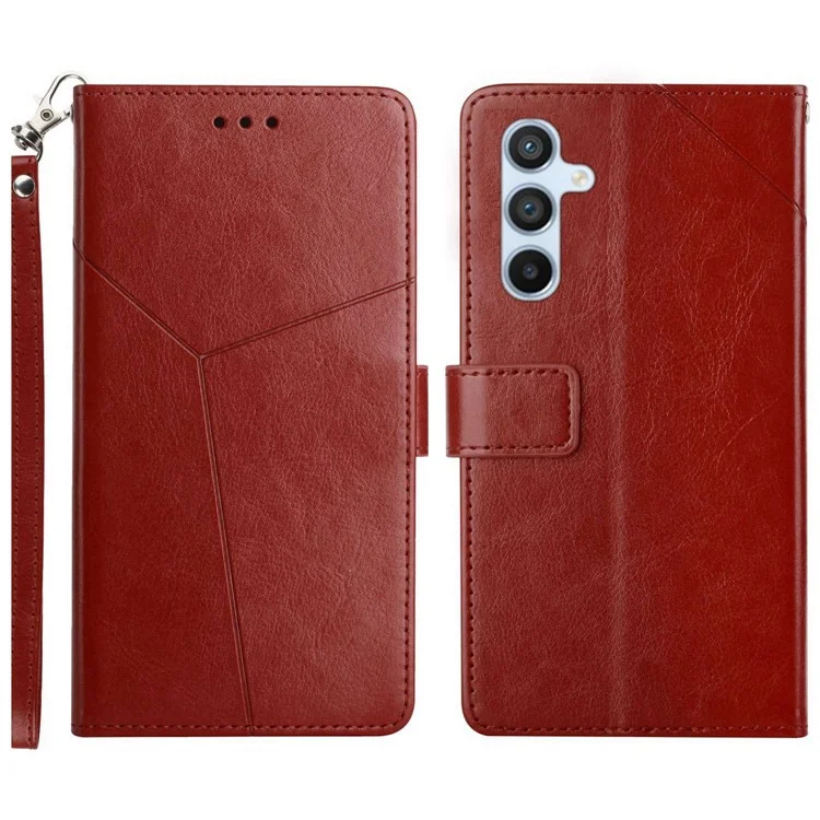HT01 Drop-proof-telefonabdeckung Für Samsung Galaxy A34 5G, Eingeprägte Y-förmige Linien PU Leder Flip Phone Hülle Brieftasche Faltbare Ständer Mit Riemen - Braun