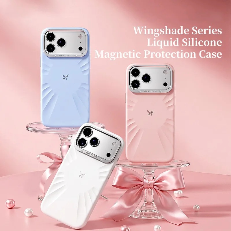 ROCK for iPhone 18 Pro / 17 Pro Magnetic Case Butterfly Pattern Liquid Silicone + PC Phone Cover with AI Button - Blue