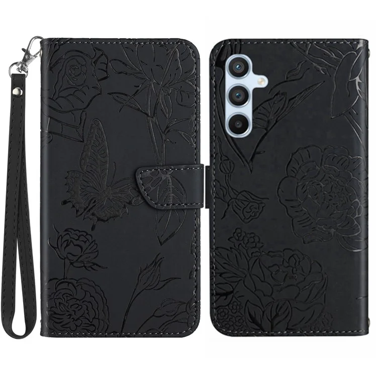 HT03 para Samsung Galaxy A34 5G Funda de teléfono antiarañazos con estampado de mariposas y flores, tacto de piel magnética Flip Wallet Cover con correa - Negro