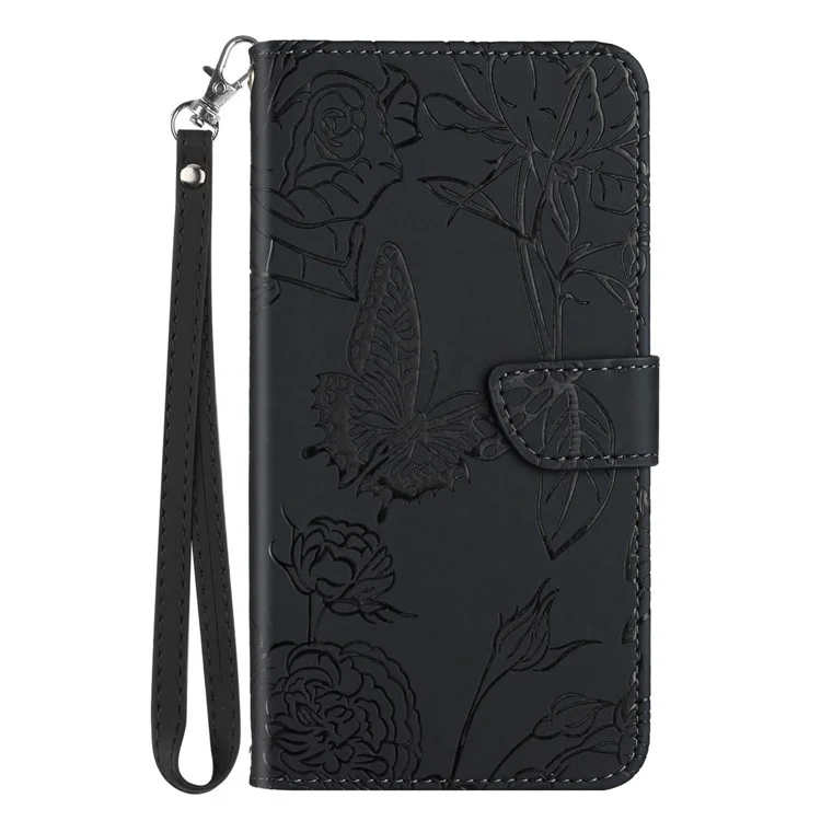 HT03 para Samsung Galaxy A34 5G Funda de teléfono antiarañazos con estampado de mariposas y flores, tacto de piel magnética Flip Wallet Cover con correa - Negro