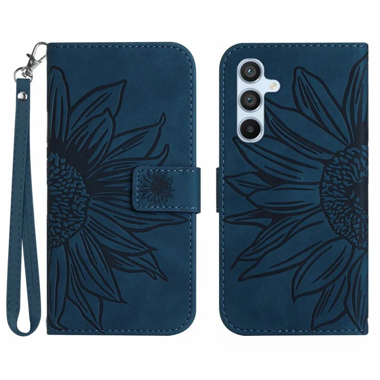 Pour Samsung Galaxy A34 5G HT04 Sunflower Imprinted Flip Phone Wallet Case Skin-Touch PU Leather Stand Magnetic Anti-drop Phone Cover with Hand Strap - Dark Blue