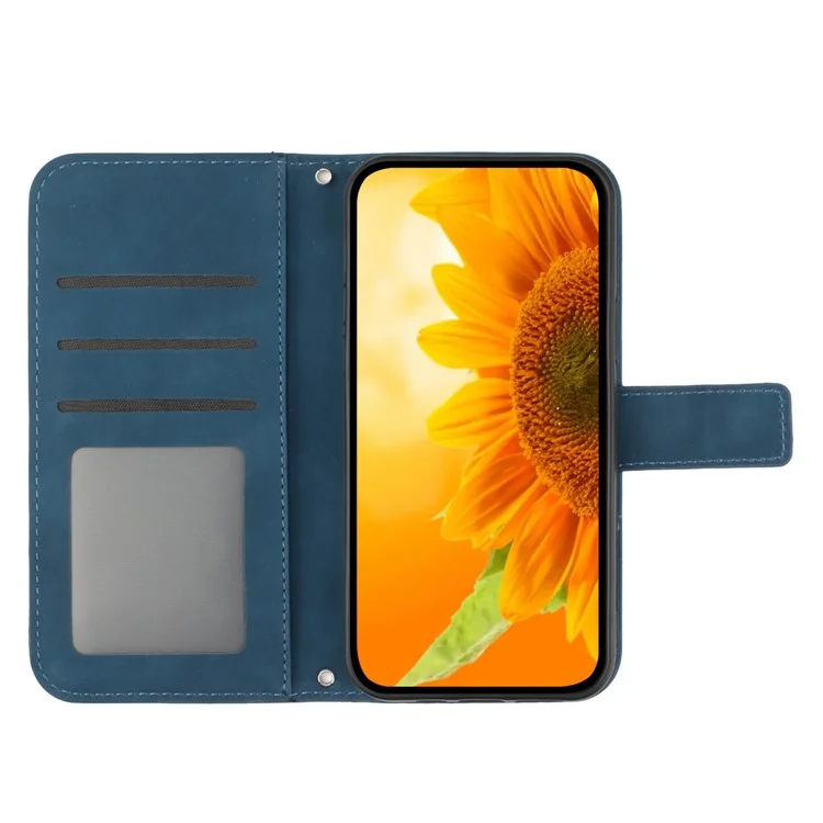 Pour Samsung Galaxy A34 5G HT04 Sunflower Imprinted Flip Phone Wallet Case Skin-Touch PU Leather Stand Magnetic Anti-drop Phone Cover with Hand Strap - Dark Blue