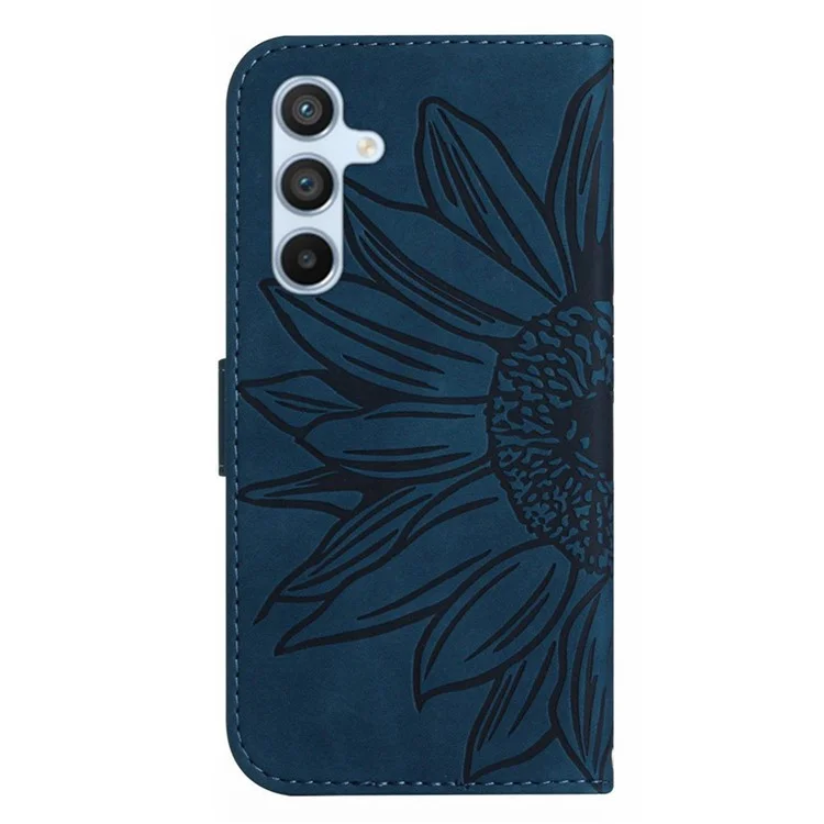 Pour Samsung Galaxy A34 5G HT04 Sunflower Imprinted Flip Phone Wallet Case Skin-Touch PU Leather Stand Magnetic Anti-drop Phone Cover with Hand Strap - Dark Blue