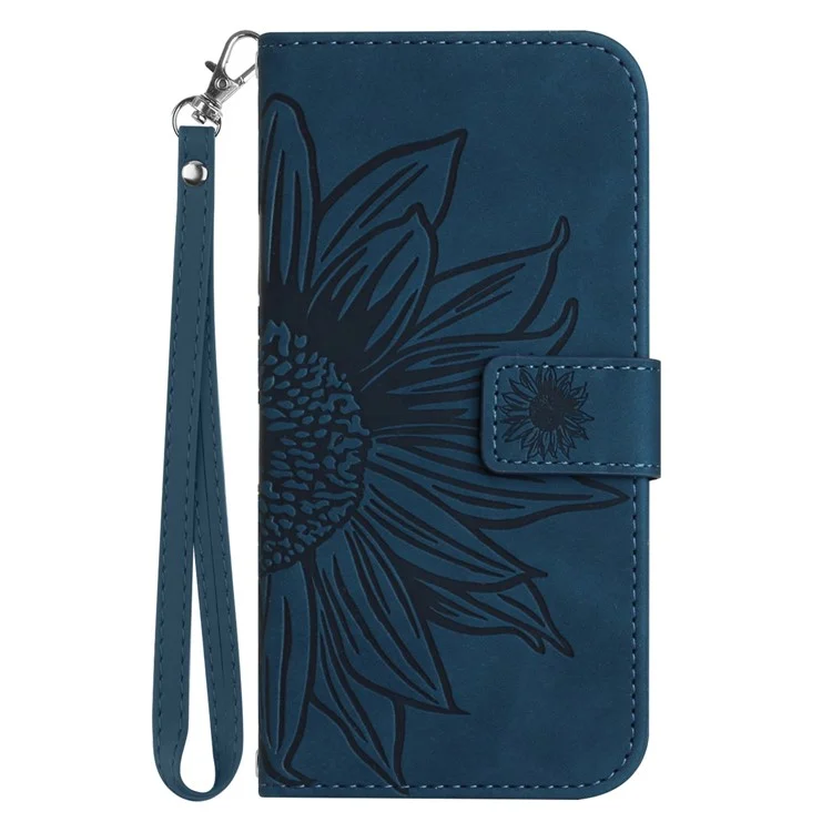 Pour Samsung Galaxy A34 5G HT04 Sunflower Imprinted Flip Phone Wallet Case Skin-Touch PU Leather Stand Magnetic Anti-drop Phone Cover with Hand Strap - Dark Blue