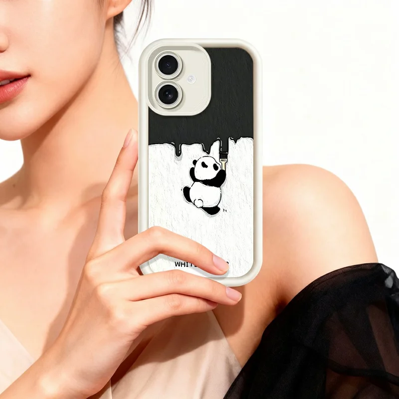 For iPhone 17 Phone Case TPU Rubberized Anti-Slip Whitewasher Panda Pattern Back Cover - White