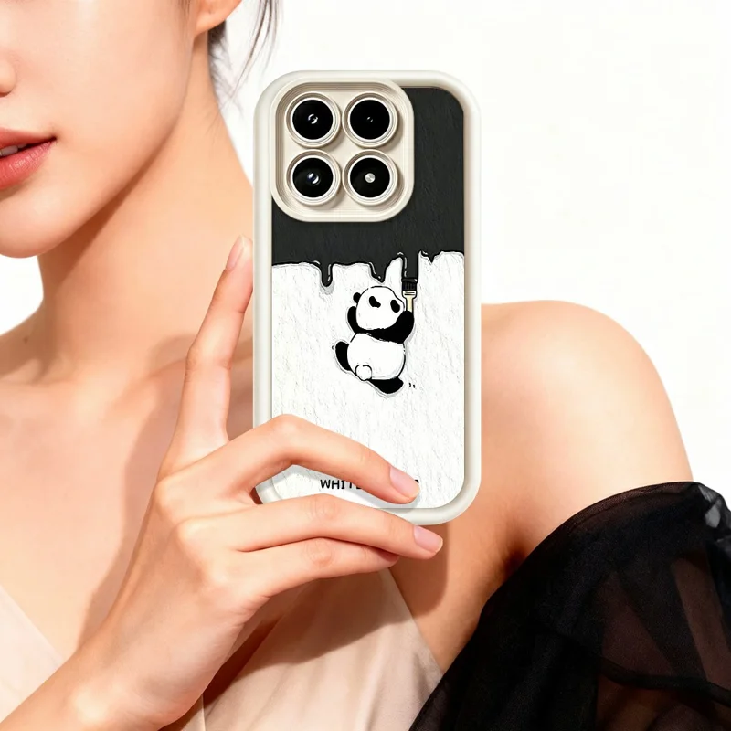 For Xiaomi 17 Phone Case TPU Rubberized Anti-Slip Whitewasher Panda Pattern Back Cover - White