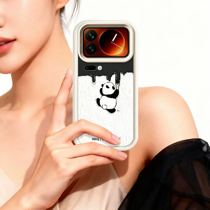 For Xiaomi 17 Pro Phone Case TPU Rubberized Anti-Slip Whitewasher Panda Pattern Back Cover - White