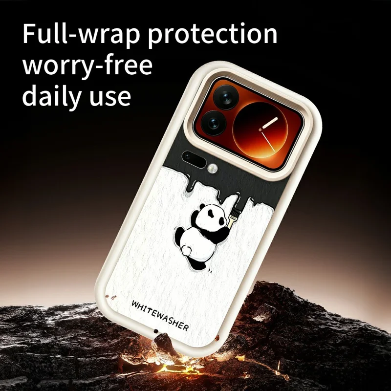 For Xiaomi 17 Pro Max Phone Case TPU Rubberized Anti-Slip Whitewasher Panda Pattern Back Cover - White