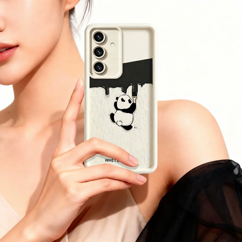 For Samsung Galaxy S26+ Phone Case TPU Rubberized Anti-Slip Whitewasher Panda Pattern Back Cover - White