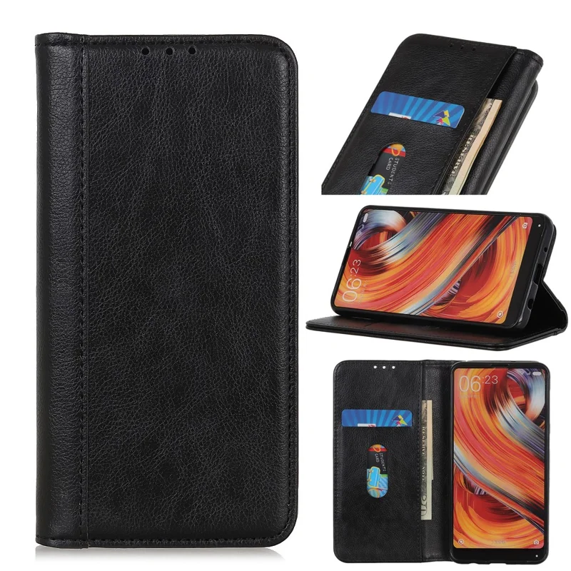 For Google Pixel 11a Stand Case Split Leather Litchi Texture Wallet Phone Cover - Black