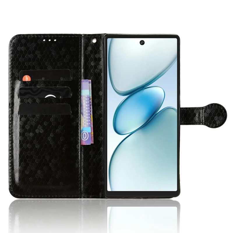For Oukitel C66 Wallet Case Dot Pattern Imprint PU Leather Phone Cover with Wrist Strap - Black
