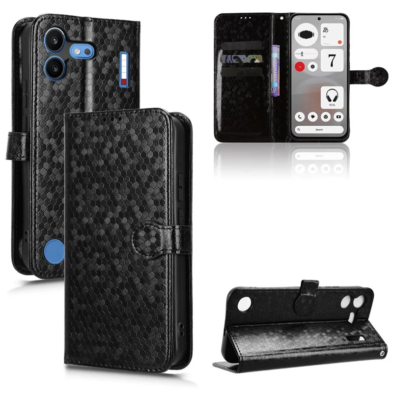 For Nothing Phone (4b) Wallet Case Dot Pattern Imprint PU Leather Phone Cover with Wrist Strap - Black