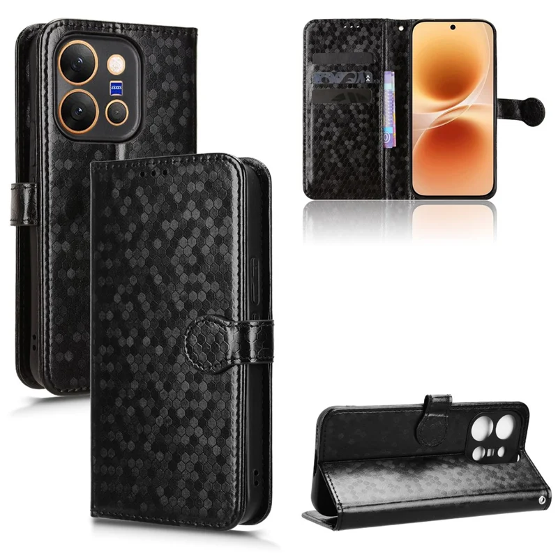 For vivo X300 E 5G Wallet Case Dot Pattern Imprint PU Leather Phone Cover with Wrist Strap - Black