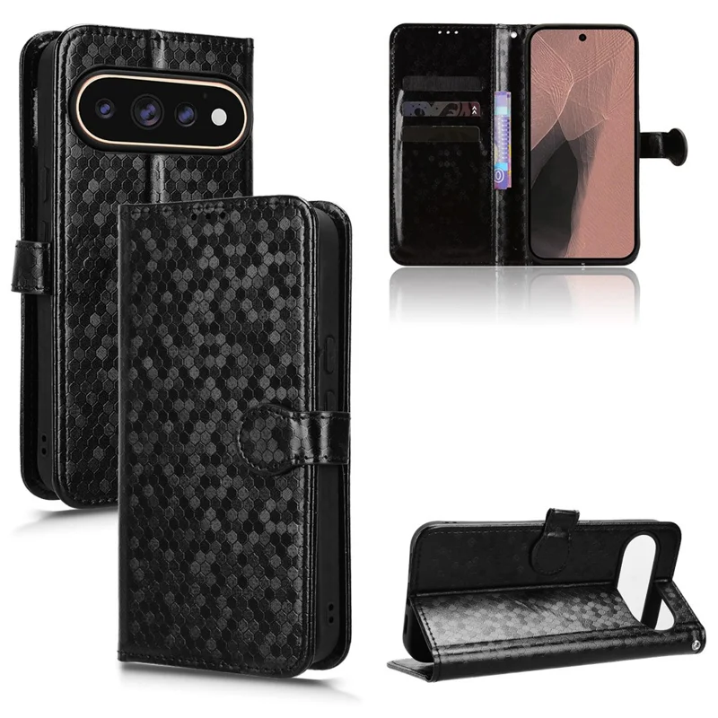 Funda tipo cartera para Google Pixel 11 Pro XL con patrón de puntos, tapa de cuero PU con correa de mano - Negro