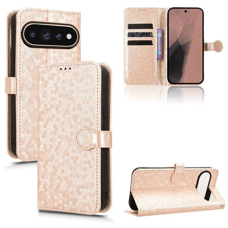 For Google Pixel 11 Pro XL Wallet Case Dot Pattern Imprint PU Leather Phone Cover with Wrist Strap - Rose Gold