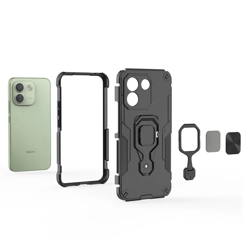 For Xiaomi Redmi Note 17 Pro Max 5G Case Rotatable Ring Kickstand PC + TPU Shockproof Phone Cover - Black