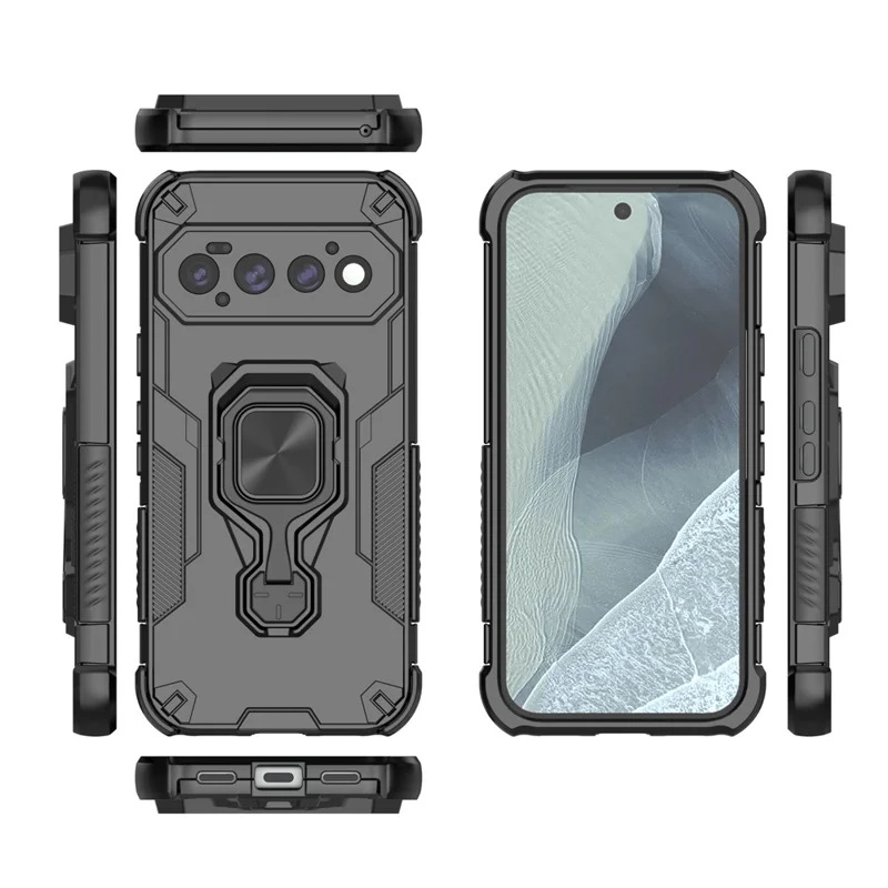 Til Google Pixel 11 Pro Case Rotérbar Ringestøtte PC + TPU Stødfast Telefonbeskyttelse - Sort