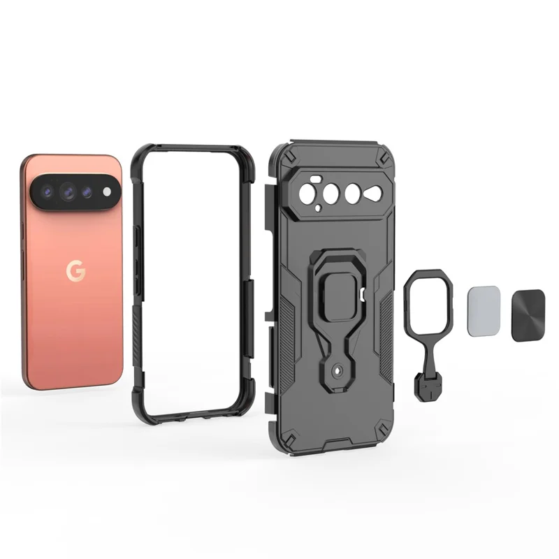 لـ Google Pixel 11 Pro XL غطاء دوار بحلقة قاعدة دعم من PC + TPU مقاوم للصدمات - أسود