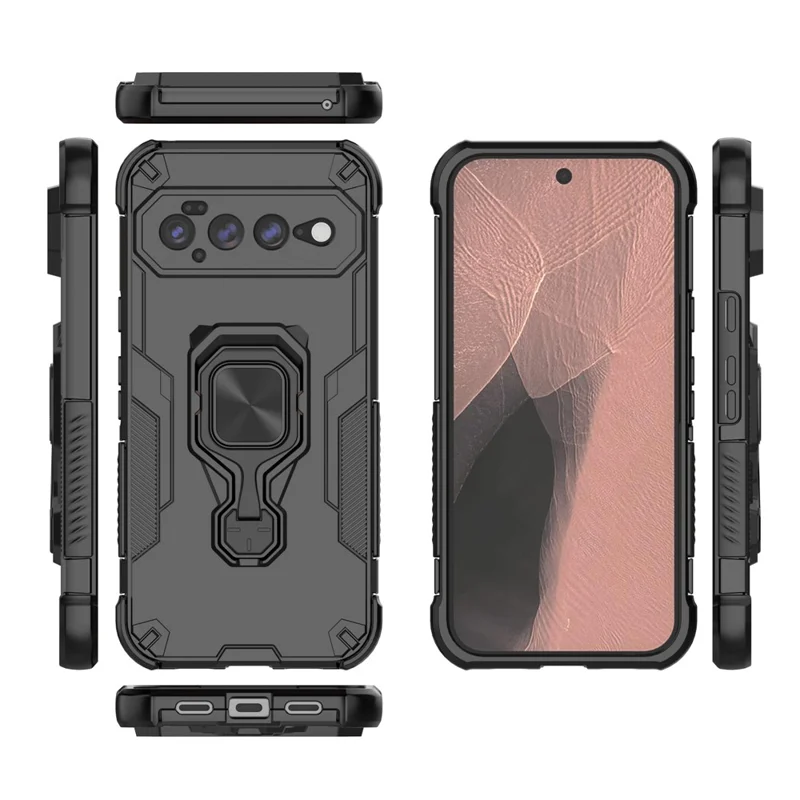 لـ Google Pixel 11 Pro XL غطاء دوار بحلقة قاعدة دعم من PC + TPU مقاوم للصدمات - أسود