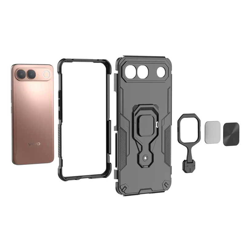 For vivo S2 5G Case Rotatable Ring Kickstand PC + TPU Shockproof Phone Cover - Black