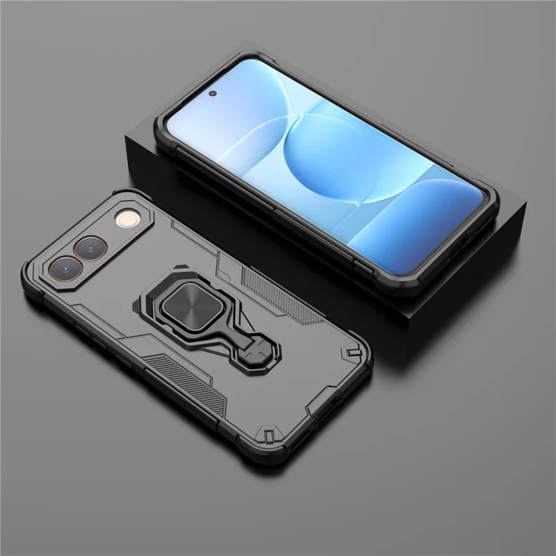 For vivo S2 5G Case Rotatable Ring Kickstand PC + TPU Shockproof Phone Cover - Black
