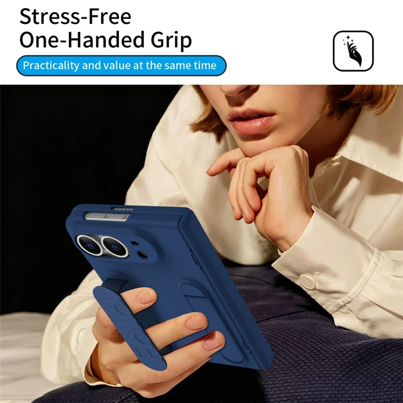 Für iPhone Fold Hülle mit gehärtetem Glasfolie, Silikon-Armband, Ständer, PC-Handyhülle - Blau