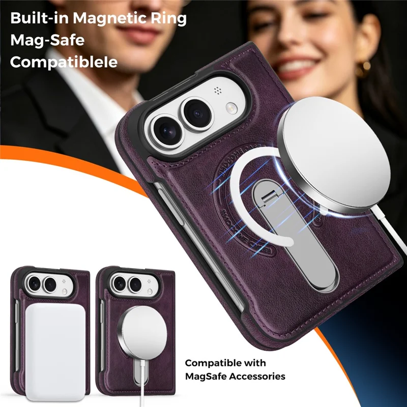 Etui magnetyczne do iPhone Fold z obrotową podstawką, powłoka z miękkiej skóry PC - ciemnopurpurowy