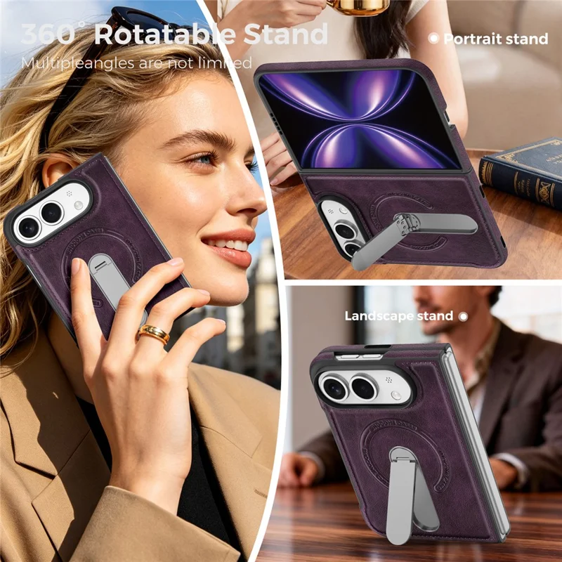 Etui magnetyczne do iPhone Fold z obrotową podstawką, powłoka z miękkiej skóry PC - ciemnopurpurowy