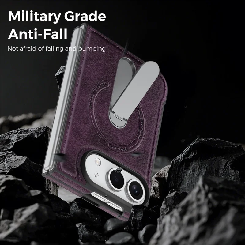 Etui magnetyczne do iPhone Fold z obrotową podstawką, powłoka z miękkiej skóry PC - ciemnopurpurowy
