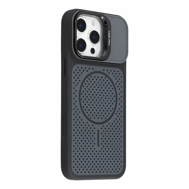 For iPhone 16 Pro Max Magnetic Case PC + TPU Camera Frame Kickstand Heat Dissipation Phone Cover - Black