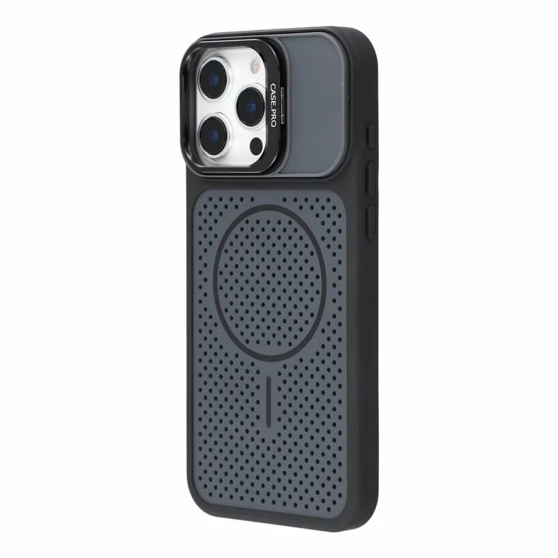 For iPhone 16 Pro Max Magnetic Case PC + TPU Camera Frame Kickstand Heat Dissipation Phone Cover - Black