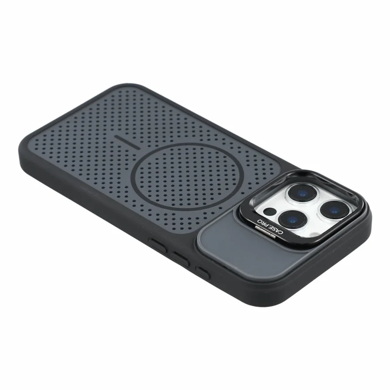 For iPhone 16 Pro Max Magnetic Case PC + TPU Camera Frame Kickstand Heat Dissipation Phone Cover - Black