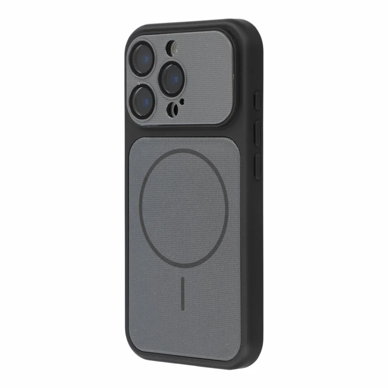 For iPhone 16 Pro Max Magnetic Case Grid Texture TPU + PC Phone Cover with Integrated Tempered Glass Lens Protector - Black